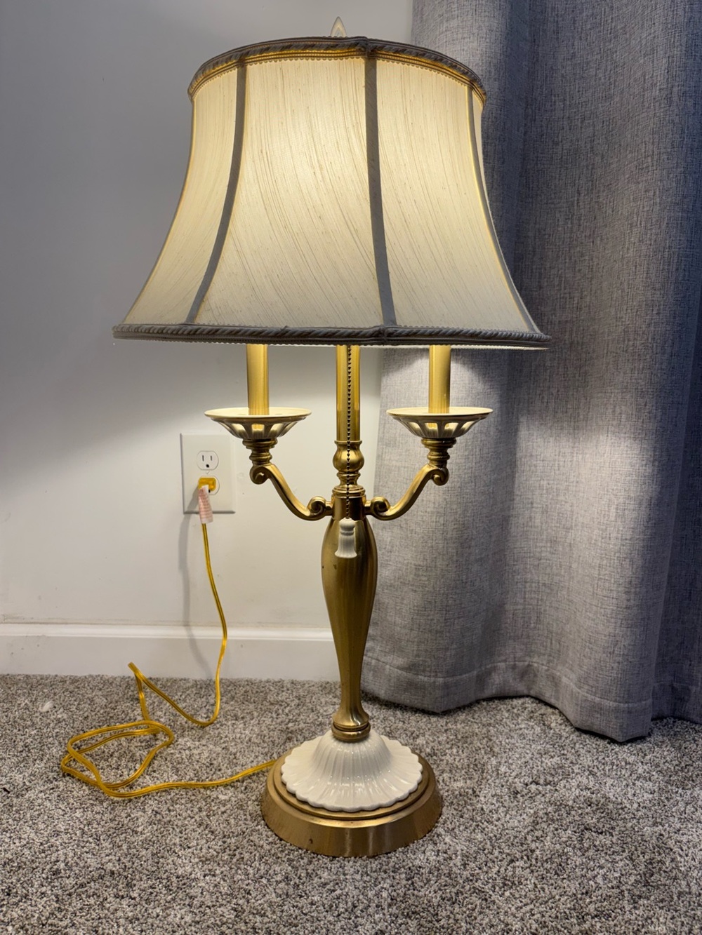 Vintage 1970s Lenox by Quoizel Candelabra Table Lamp Brass Fine Porcelain Accent